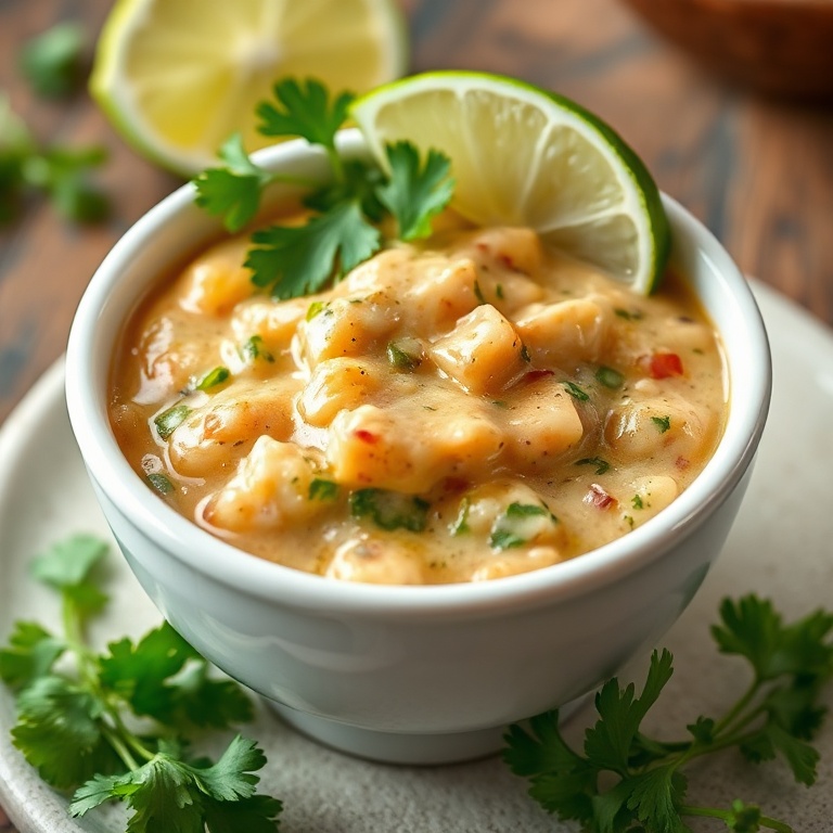 A perfect serving of creamy jalapeno salsa in a white ceramic bowl. Fresh cilantro and lime wedges on top. Warm side lighting showing texture. Photorealistic food photography style.