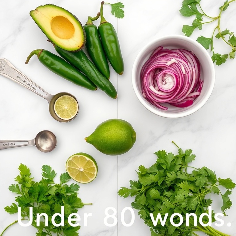 Overhead flat lay of fresh jalapenos, avocado, lime, cilantro, and red onion. Measuring spoons and a mixing bowl visible. White marble surface. Bright even light. Photorealistic food photography style.