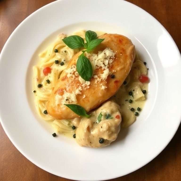 Perfectly plated creamy Tuscan chicken with a sprinkle of Parmesan and basil. White plate with a slight shadow. Warm lighting. No text. No watermark.