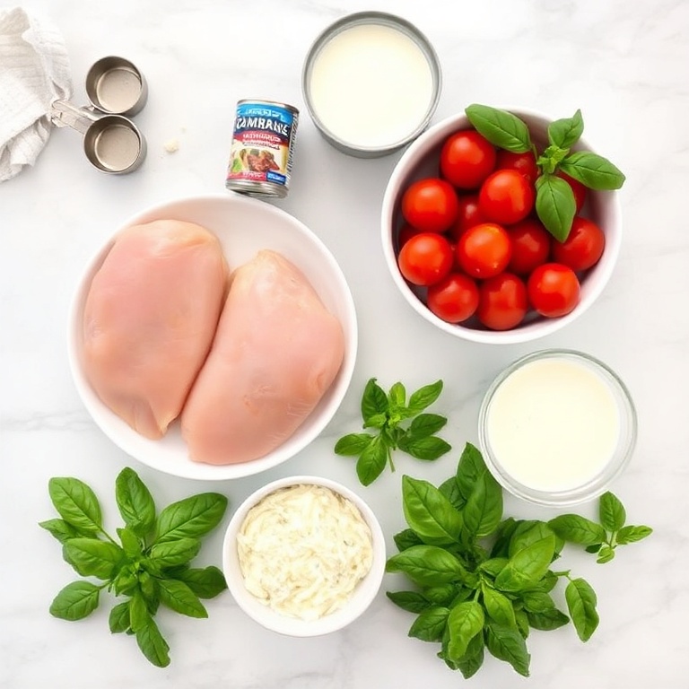 Chicken breasts, garlic, canned tomatoes, heavy cream, Parmesan, and fresh basil in a flat lay. Measuring tools and bowls visible. Bright light. White marble surface. No text. No watermark.