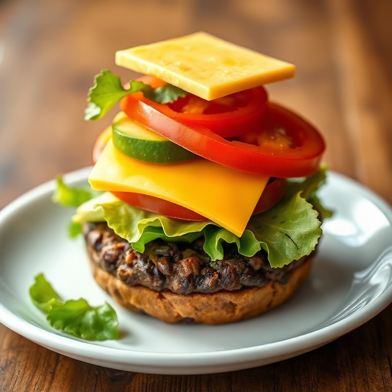 Perfectly plated black bean burger with lettuce, tomato, and avocado. A slice of cheese melts on top. Warm lighting shows the texture.