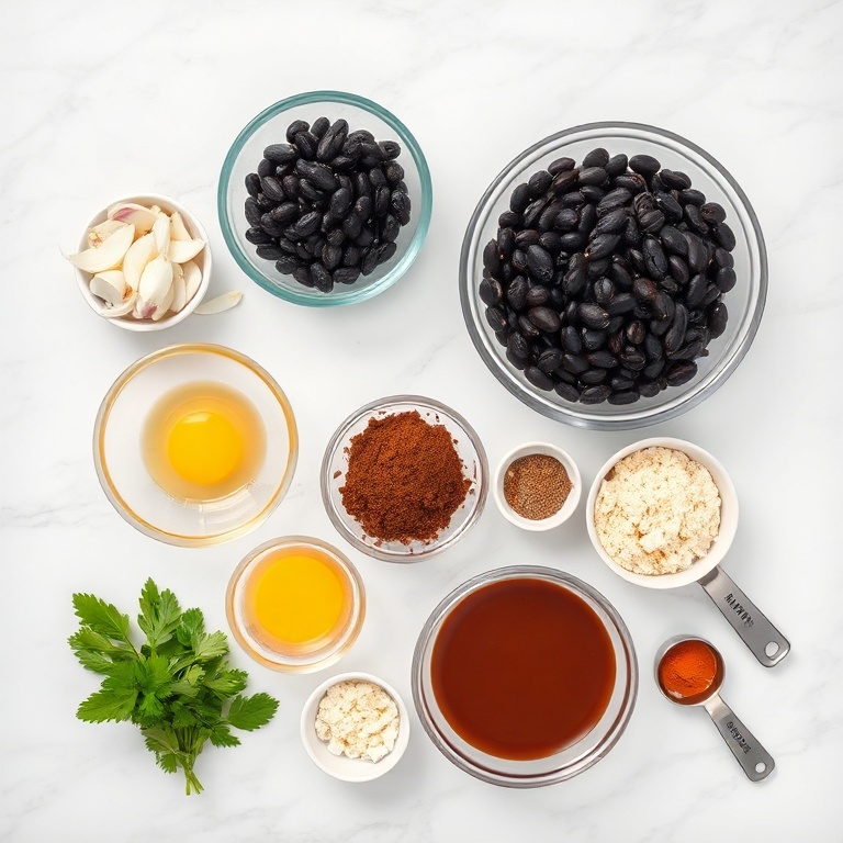 Raw ingredients for black bean burgers: black beans, onion, garlic, breadcrumbs, egg, and spices. Measuring tools and bowls visible on a white marble surface.