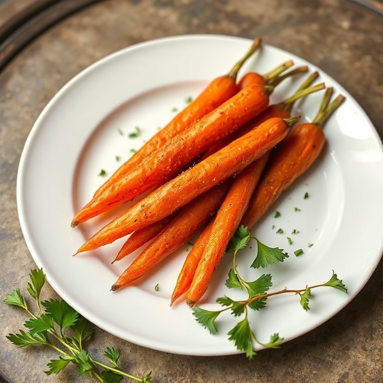 Crispy brown sugar carrots on a white plate with fresh herbs, warm side lighting