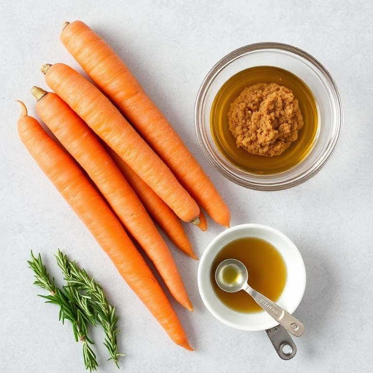 Raw carrots, brown sugar, olive oil, thyme, rosemary, measuring spoons, bowls