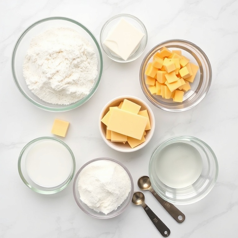 Flour, butter, cheddar cheese, yeast, and water arranged in an overhead flat lay