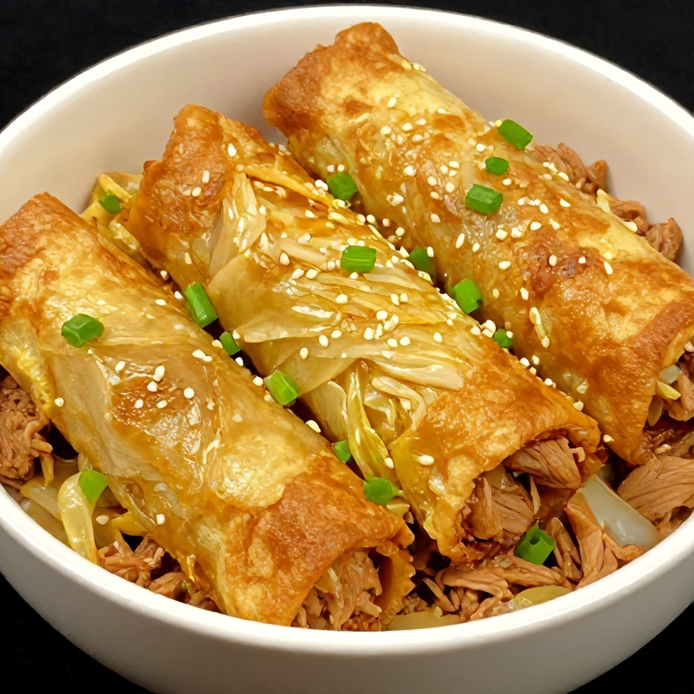 Plated serving of crispy egg roll in a bowl