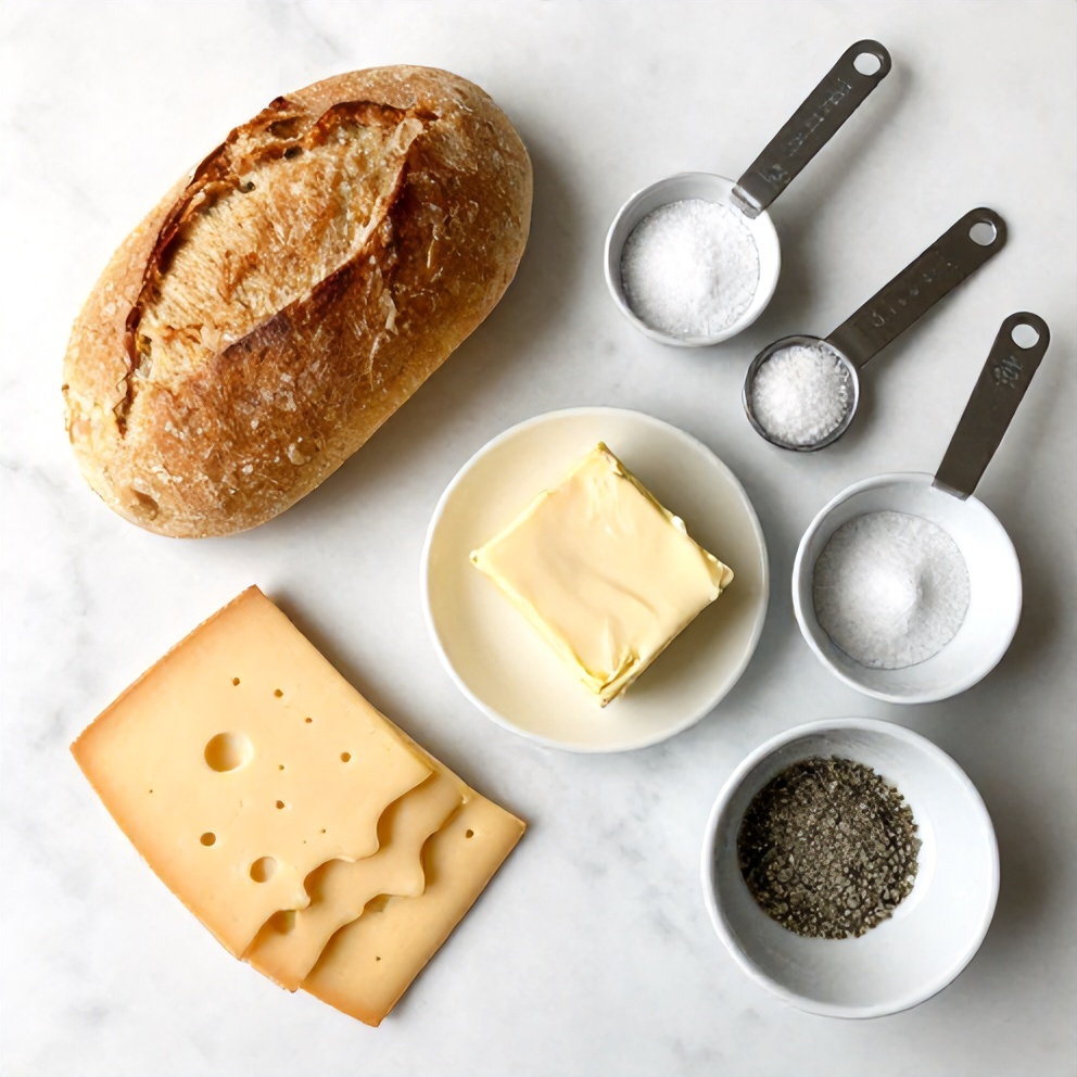 Bread, cheese, butter, and seasonings arranged in a flat lay