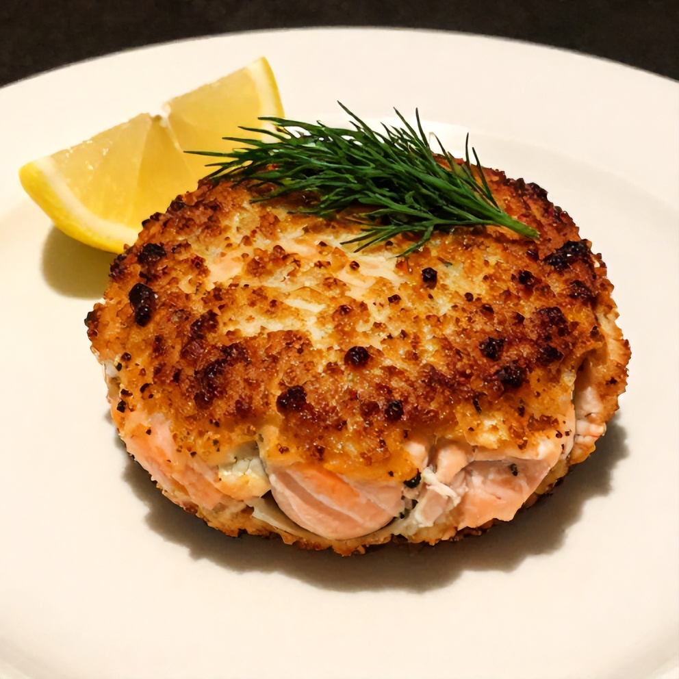Plated salmon cake with lemon wedge and dill