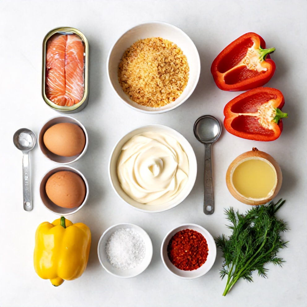 Raw ingredients for salmon cakes on a marble surface