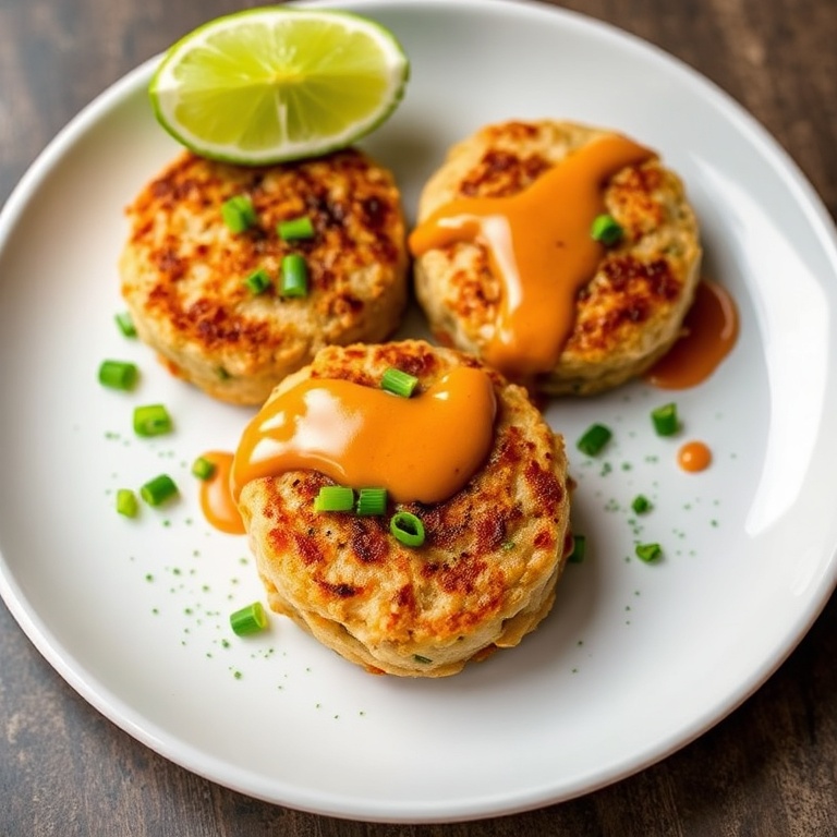 Tuna cakes on a white plate with a sprinkle of green onions. Spicy mayo drizzle and a lime wedge. Warm lighting highlights texture.