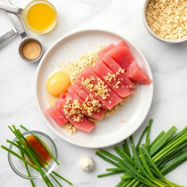 Raw tuna, breadcrumbs, mayo, chili garlic sauce, green onions, and egg in a flat lay. Measuring spoons and bowls nearby on a white surface.