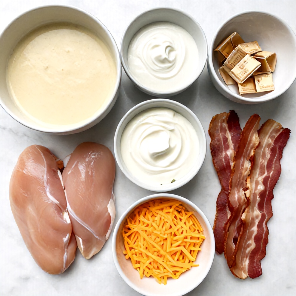Crock Pot Crack Chicken ingredients including chicken breasts, cream of chicken soup, and cheddar cheese