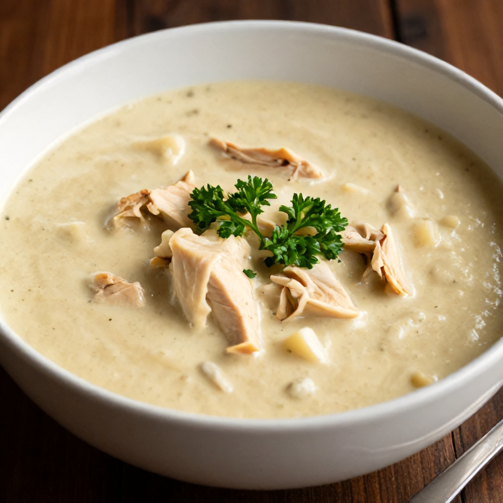 Bowl of Creamy Chicken Parmesan Soup with a sprinkle of parsley