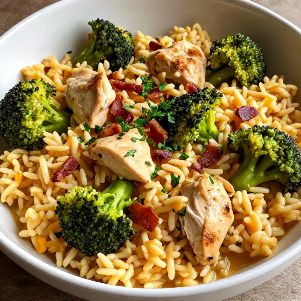 Plated serving of Crockpot Broccoli Cheddar Chicken and Rice
