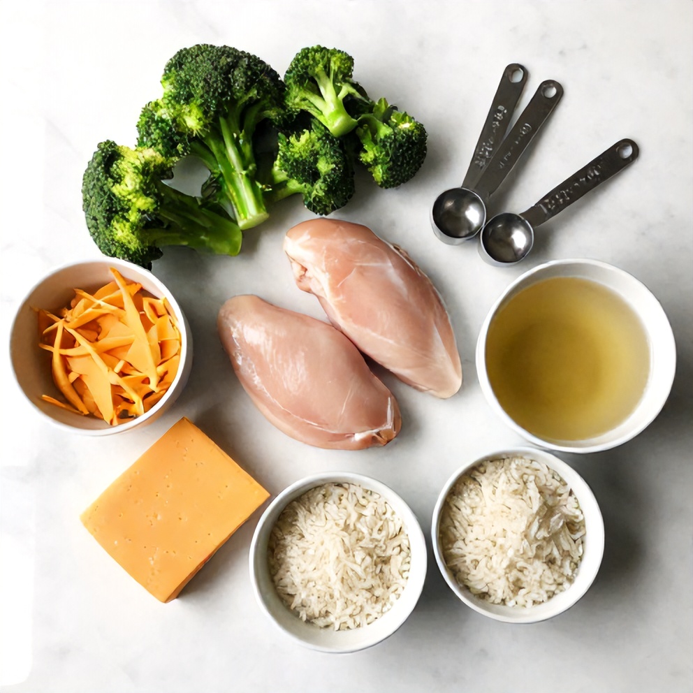 Raw ingredients for Crockpot Broccoli Cheddar Chicken
