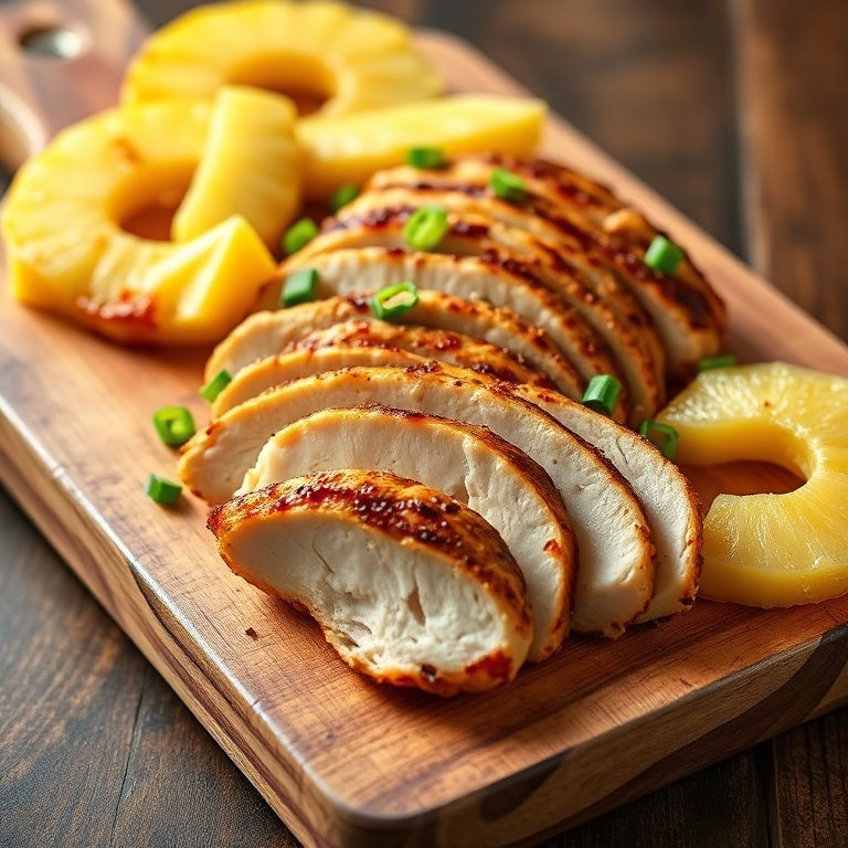 Sliced Hawaiian chicken on a wooden board with pineapple slices and green onions