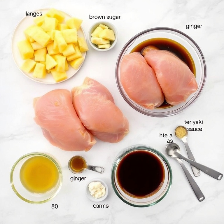 Raw chicken breasts, pineapple chunks, soy sauce, brown sugar, ginger, garlic, and teriyaki sauce arranged in a flat lay
