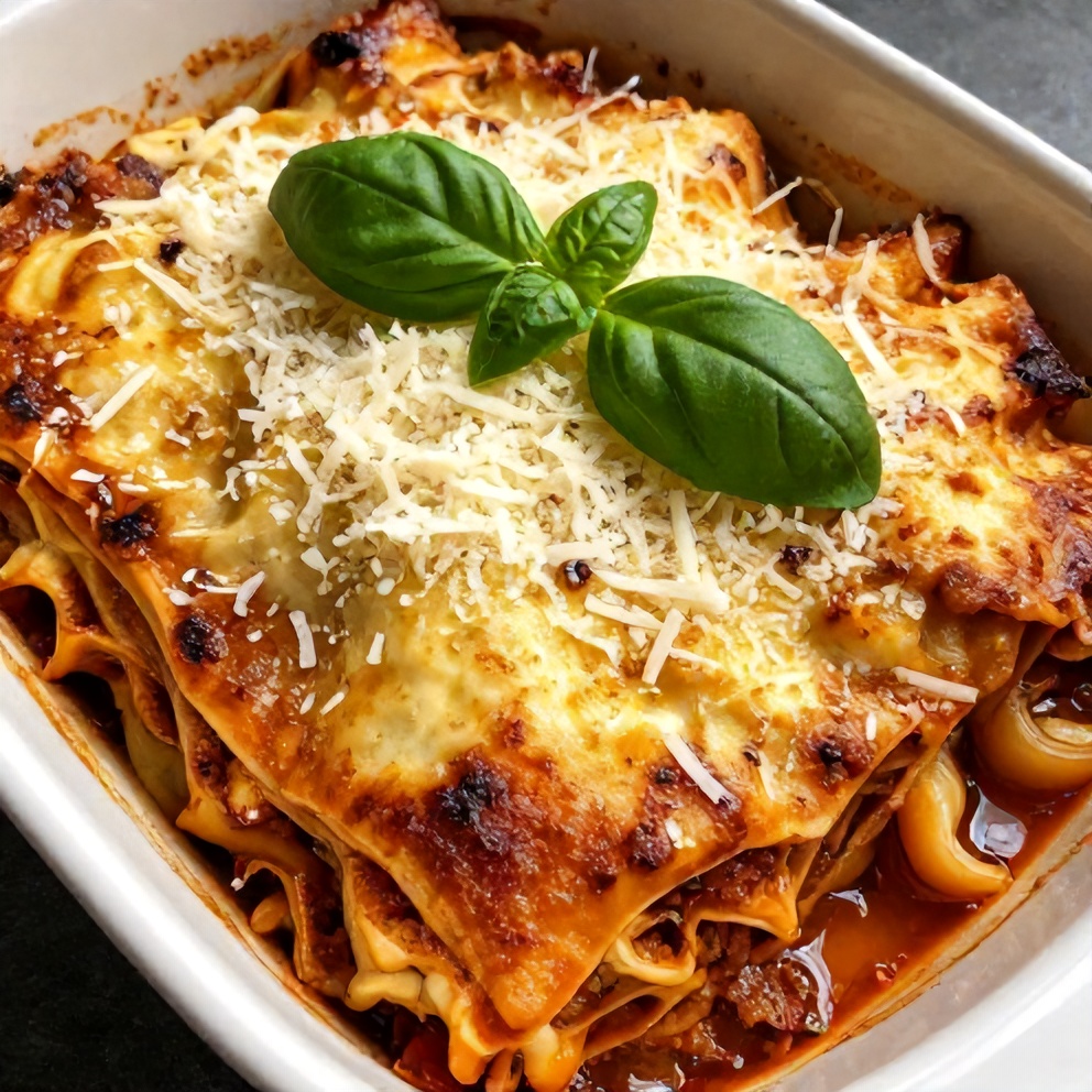 Plated serving of Crockpot Lasagna with fresh basil and grated Parmesan