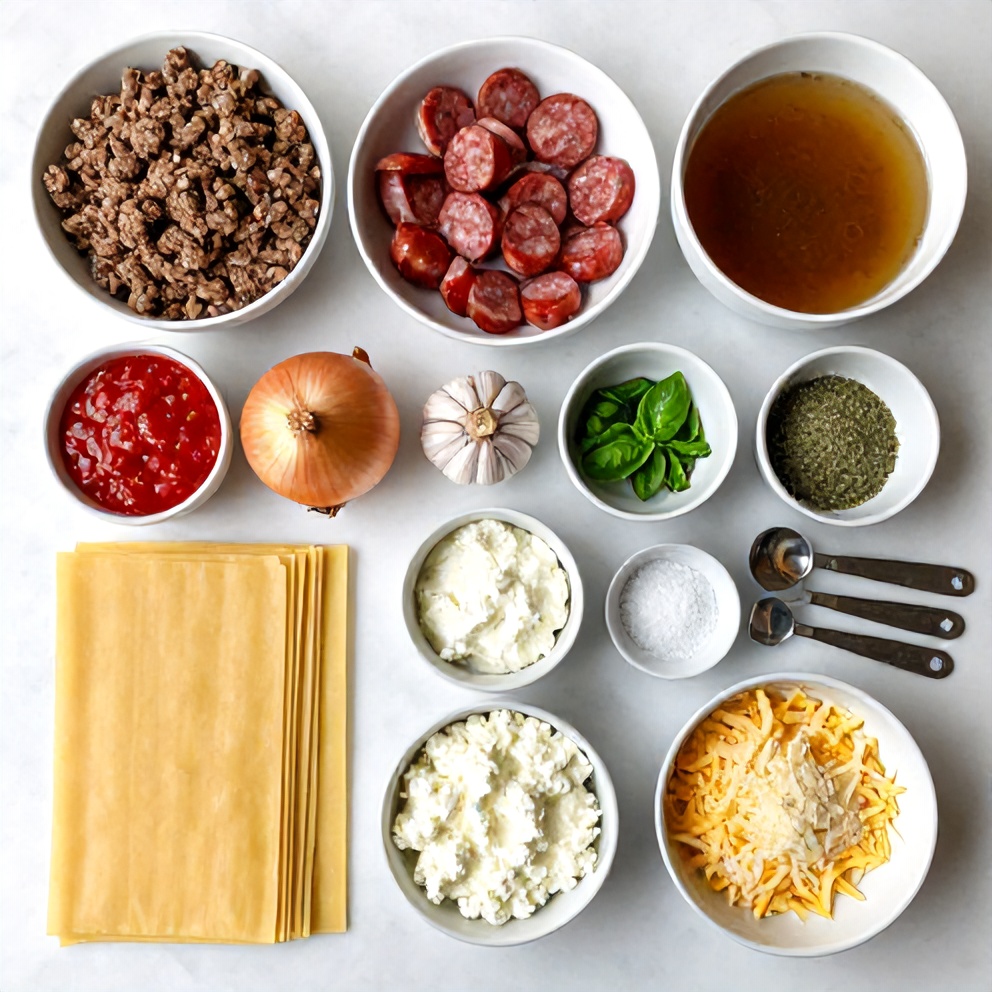 Raw ingredients for Crockpot Lasagna including ground beef, lasagna noodles, and ricotta cheese