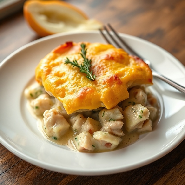 Serving of chicken pot pie with thyme garnish on a white plate