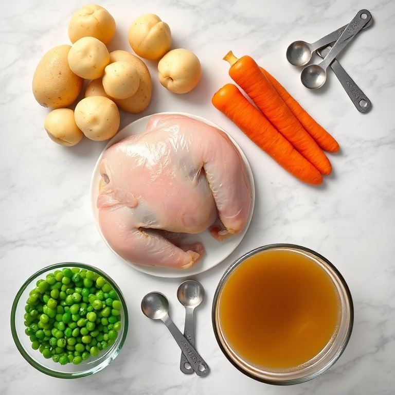 Raw chicken, potatoes, carrots, peas, and broth arranged on a marble surface