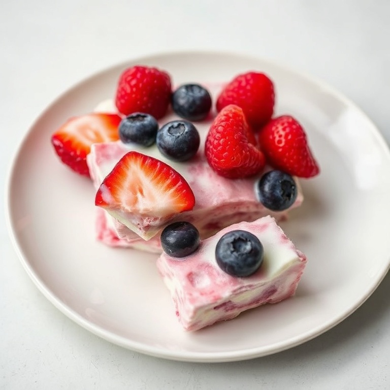 A single serving of frozen yogurt berry bark. Fresh strawberries, blueberries, and raspberries are frozen in a creamy yogurt base. A small piece of the bark is broken, showing the layers. The plate is light-colored with soft side lighting highlighting the textures.