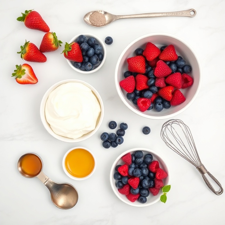 Overhead shot of fresh strawberries, blueberries, raspberries, Greek yogurt, honey, and a mixing bowl. Measuring spoons and a whisk are visible. A white marble surface with soft even lighting. All ingredients are clearly visible and arranged neatly.