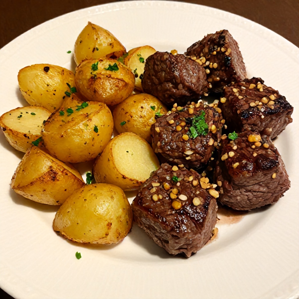 Plated garlic butter steak bites with potatoes
