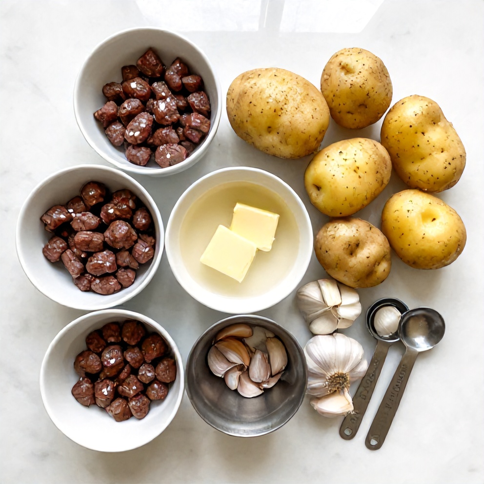 Raw ingredients for garlic butter steak bites with potatoes