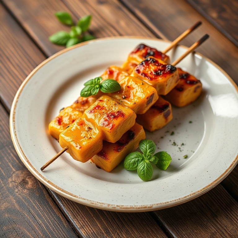 Finished skewers on a wooden board with basil garnish