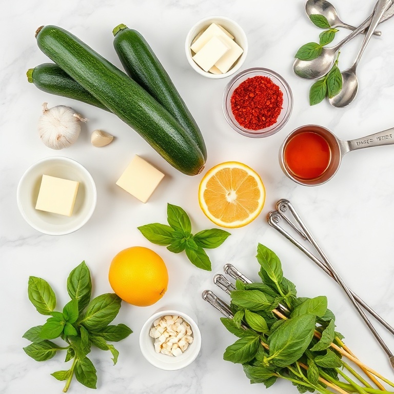 Raw zucchini, garlic, butter, lemon, paprika, skewers