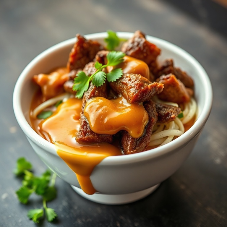 Crispy beef bowls with golden sauce and fresh cilantro. Porcelain bowl with warm side lighting. Sauce dripping from beef.