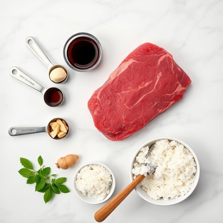 Beef sirloin, garlic, ginger, soy sauce, rice. Measuring spoons, bowls, and a wooden spoon. Bright even light on white marble.