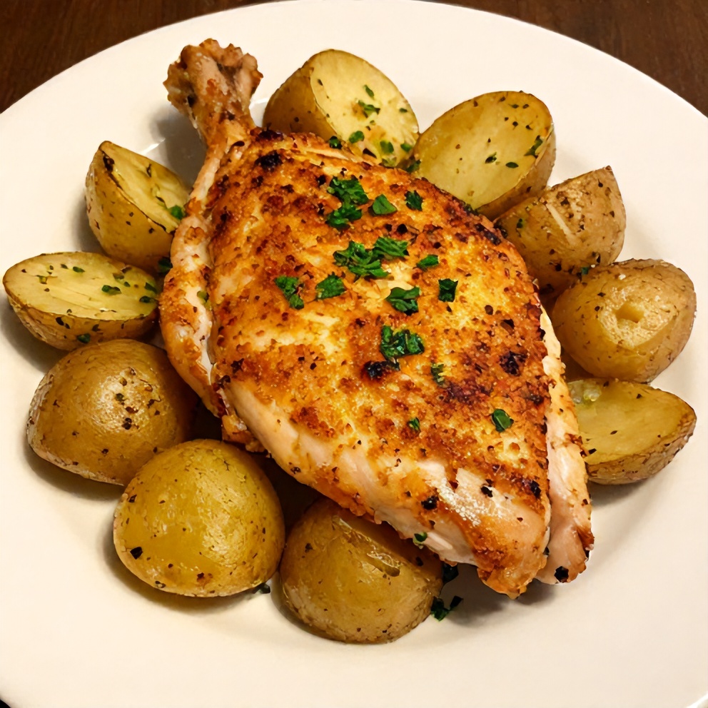 Plated Garlic Parmesan Chicken and Potatoes