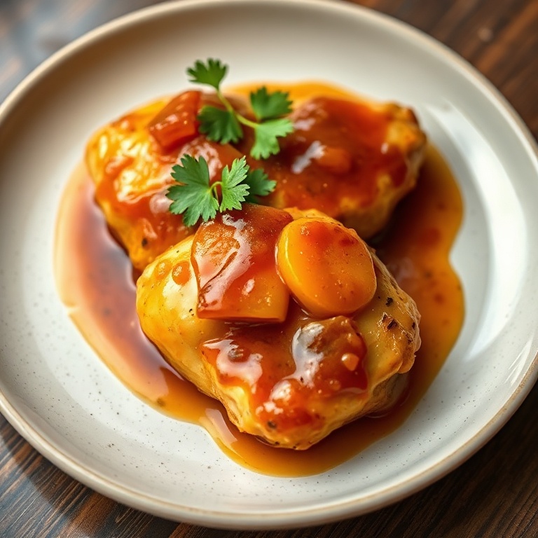 Plated apricot chicken with glazed sauce and cilantro garnish