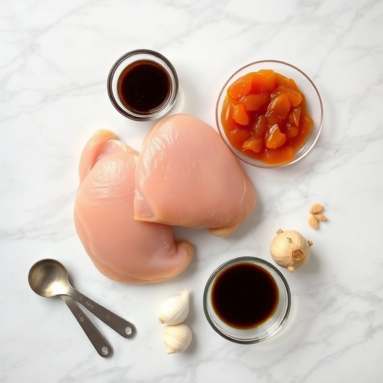 Raw chicken, apricot preserves, soy sauce, garlic, ginger on a marble surface