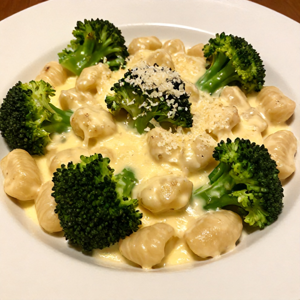 Gnocchi and broccoli bake with creamy cheese sauce served on a plate