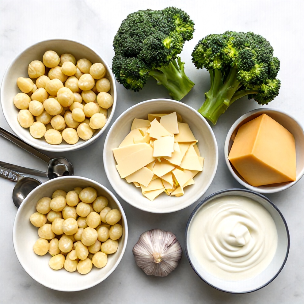 Gnocchi, broccoli, cheese, garlic, and heavy cream laid out for the bake