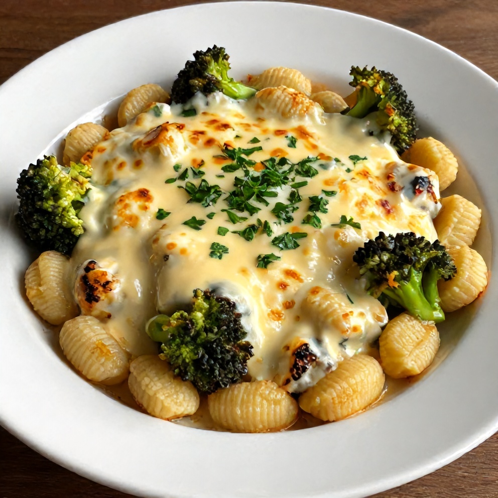 Plated Gnocchi Broccoli Bake with Creamy Cheese Sauce