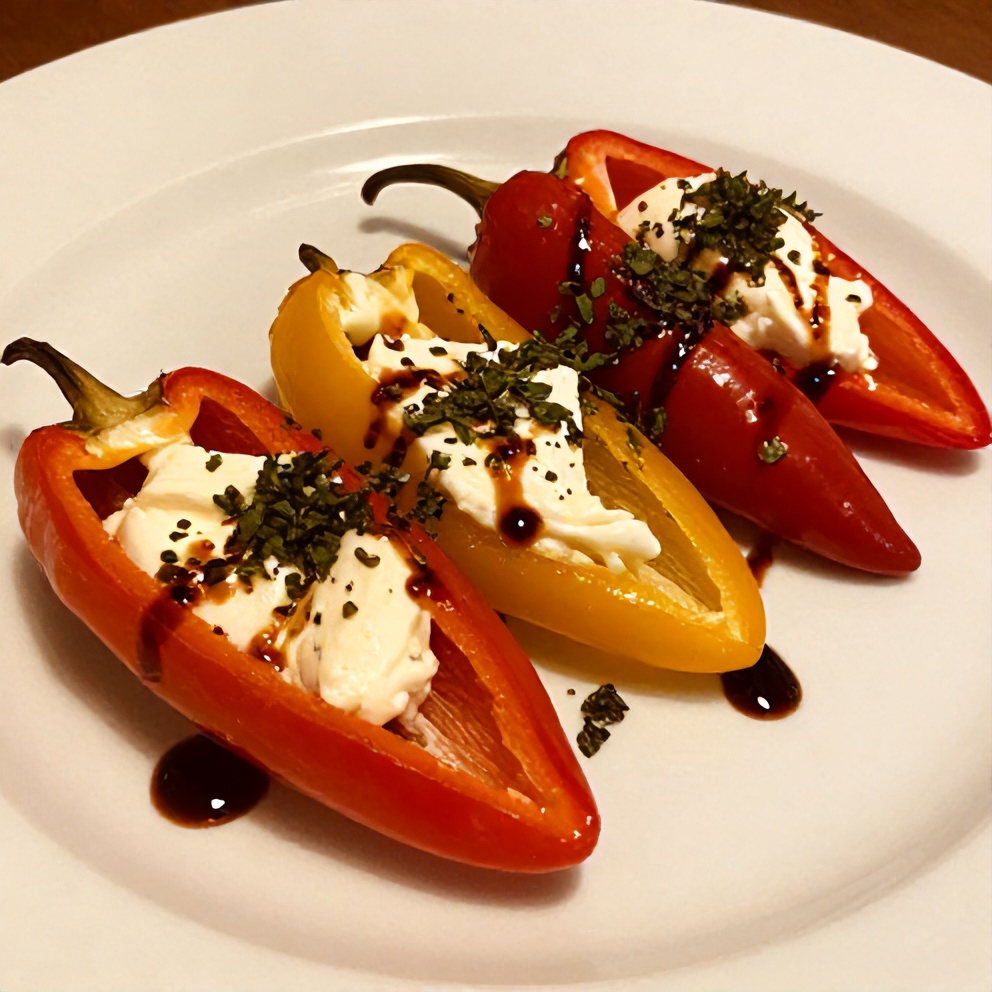 Plated goat cheese stuffed mini peppers on a white plate