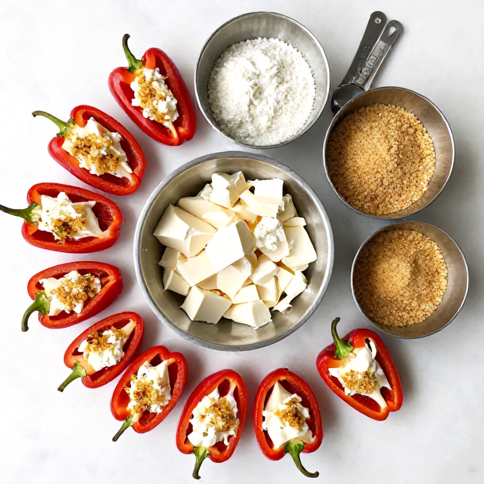Raw ingredients for goat cheese stuffed mini peppers on a white marble surface