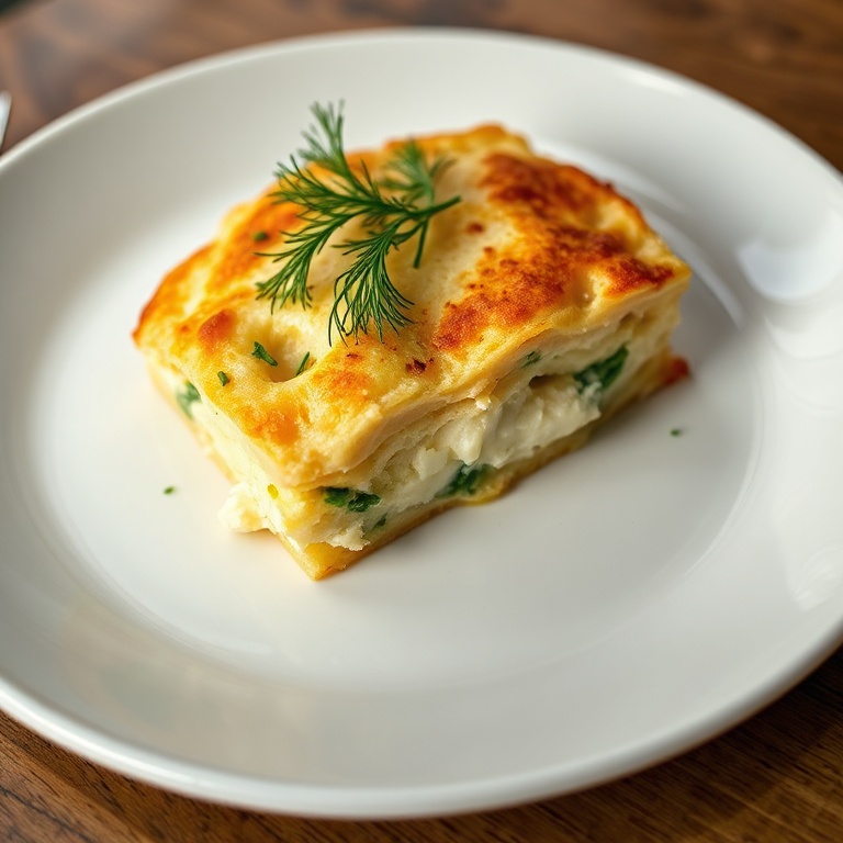 Perfectly plated Greek cheese pie with feta and fresh herbs. Garnished with dill. Close crop on a white porcelain plate. Warm side lighting shows texture. Photorealistic food photography.