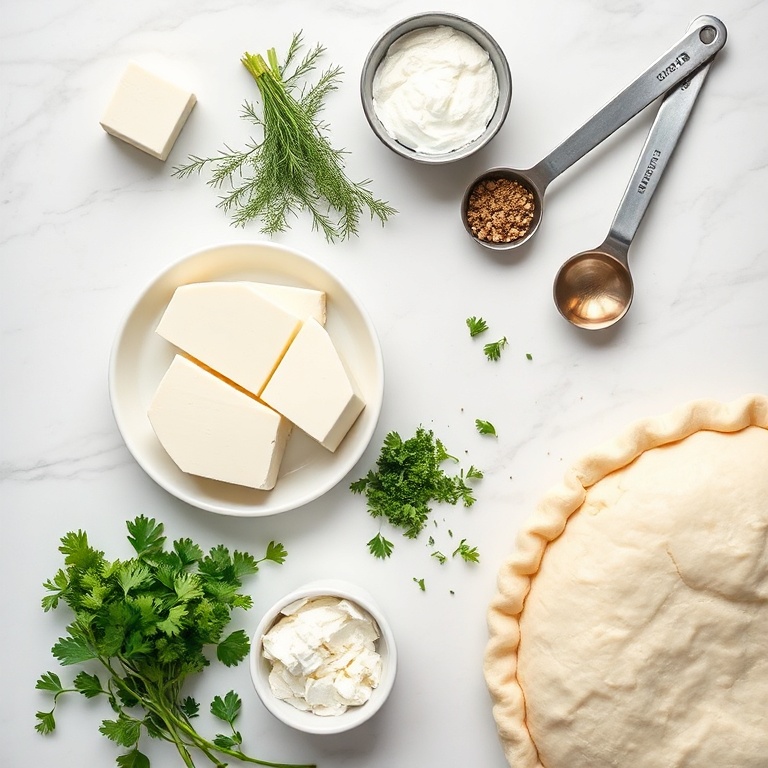 Overhead flat lay of Greek cheese pie ingredients. Feta cheese, fresh dill, oregano, parsley, and pie crust. Measuring spoons and bowls visible. Bright even light on white marble surface. Photorealistic food photography.