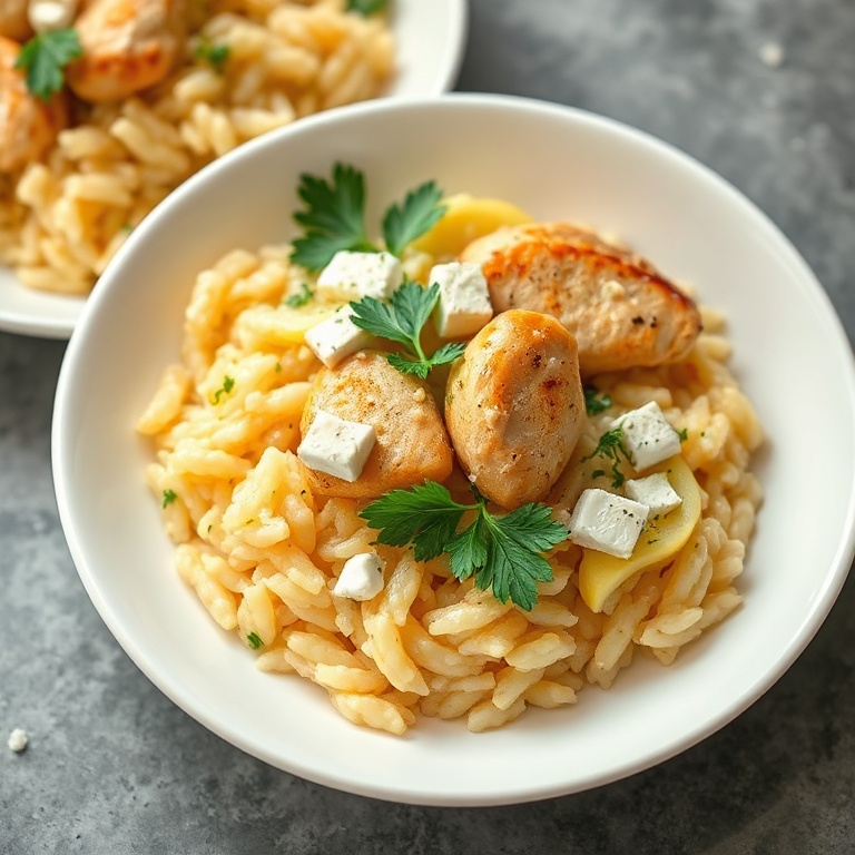 Plated lemon orzo bowls with tender chicken, feta, and fresh parsley. Bright white plate shows the creamy texture and golden edges.