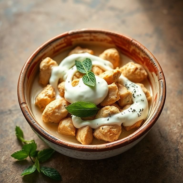Finished Greek chicken bowl bowl filled with tzatziki