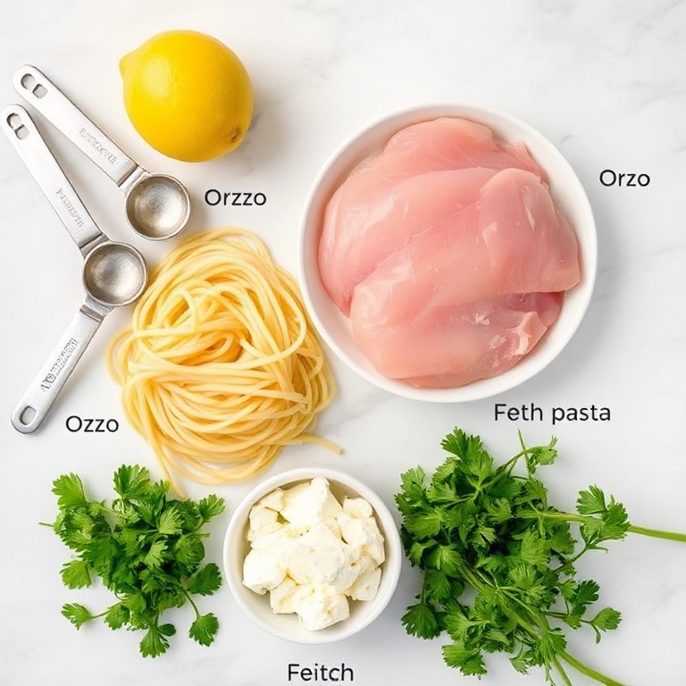 Raw chicken, orzo pasta, lemon, feta cheese, olive oil, and fresh parsley arranged in a flat lay. Measuring spoons and bowls visible.