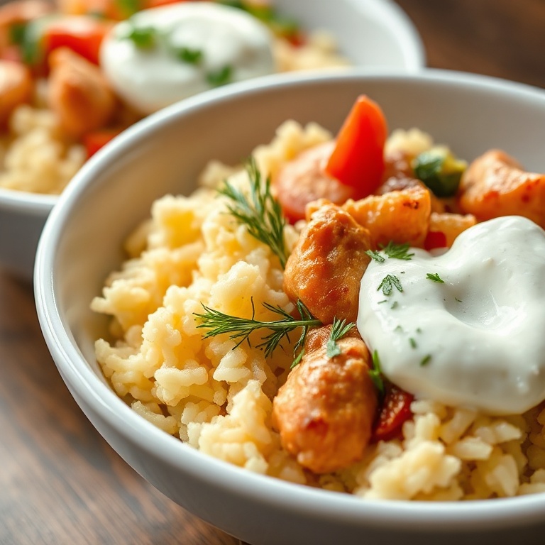 Perfectly plated gyro bowls with tzatziki, lemon rice, and fresh toppings
