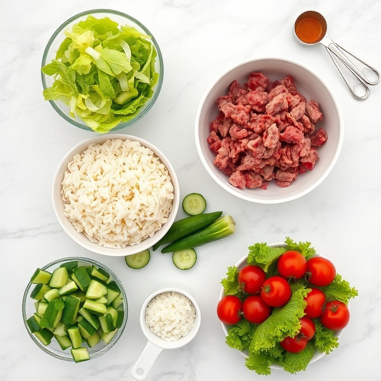 Raw ingredients for Greek gyro bowls including lamb, tzatziki, rice, and herbs