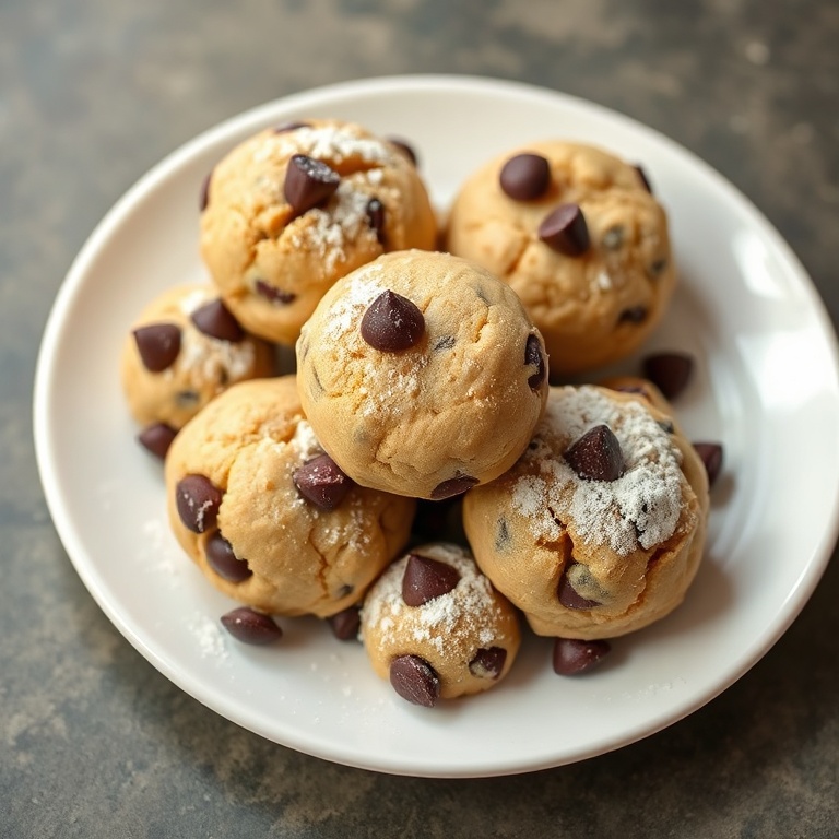 Plated cookie dough bites with chocolate chips. Garnished with powdered sugar. White plate. Warm side lighting showing texture. Photorealistic food photography.
