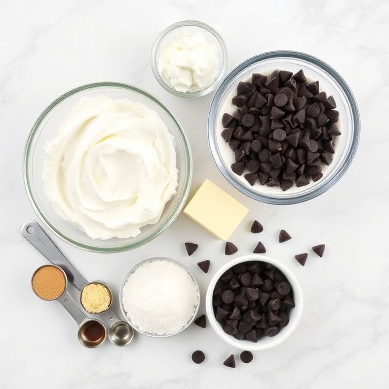 Raw ingredients for cookie dough bites. Greek yogurt, flour, chocolate chips, butter, sugar. Measuring spoons and bowls visible. White marble surface. Bright even light.
